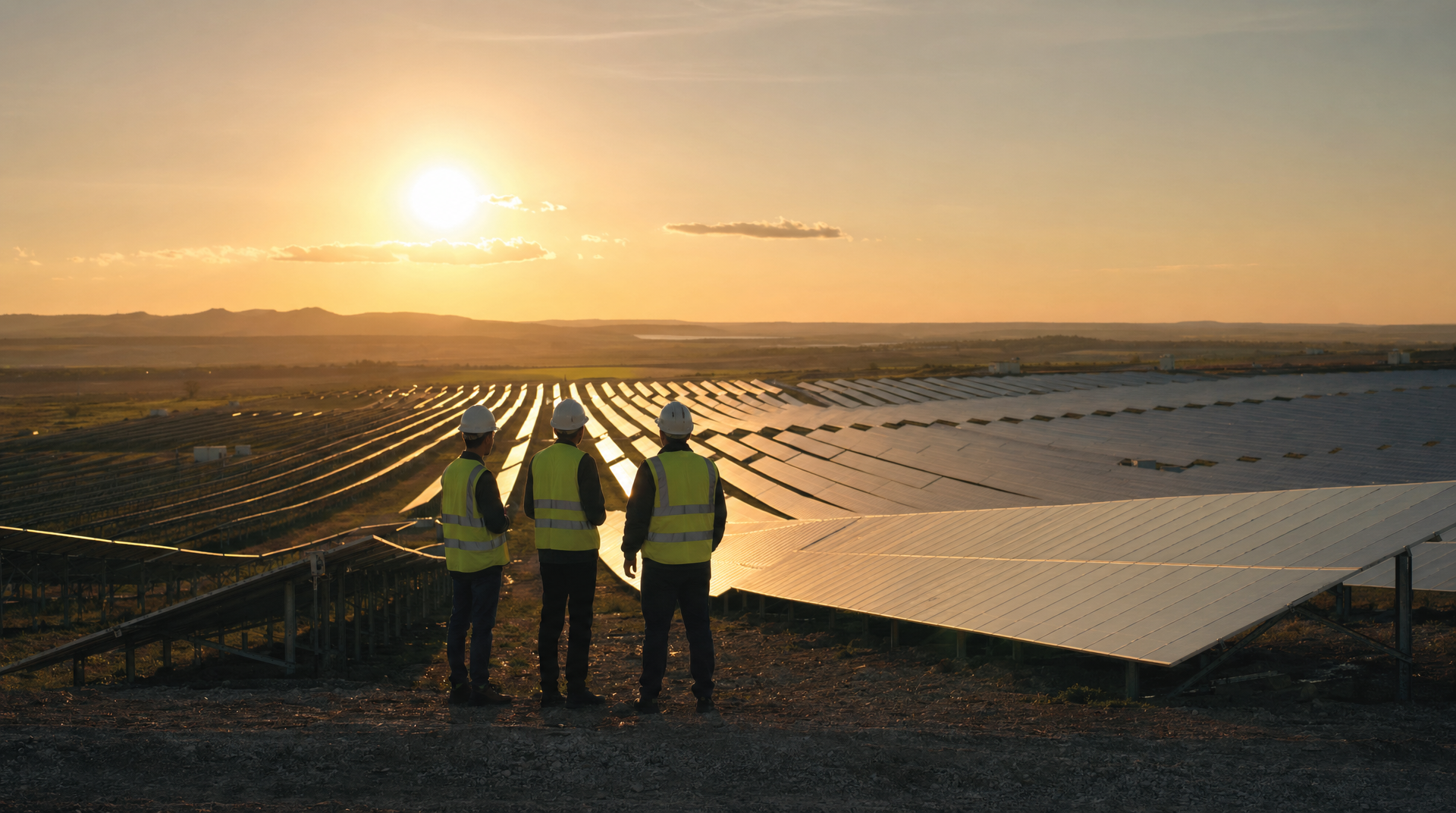 Silhouette of engineers on a utility-scale solar PV site at sunset