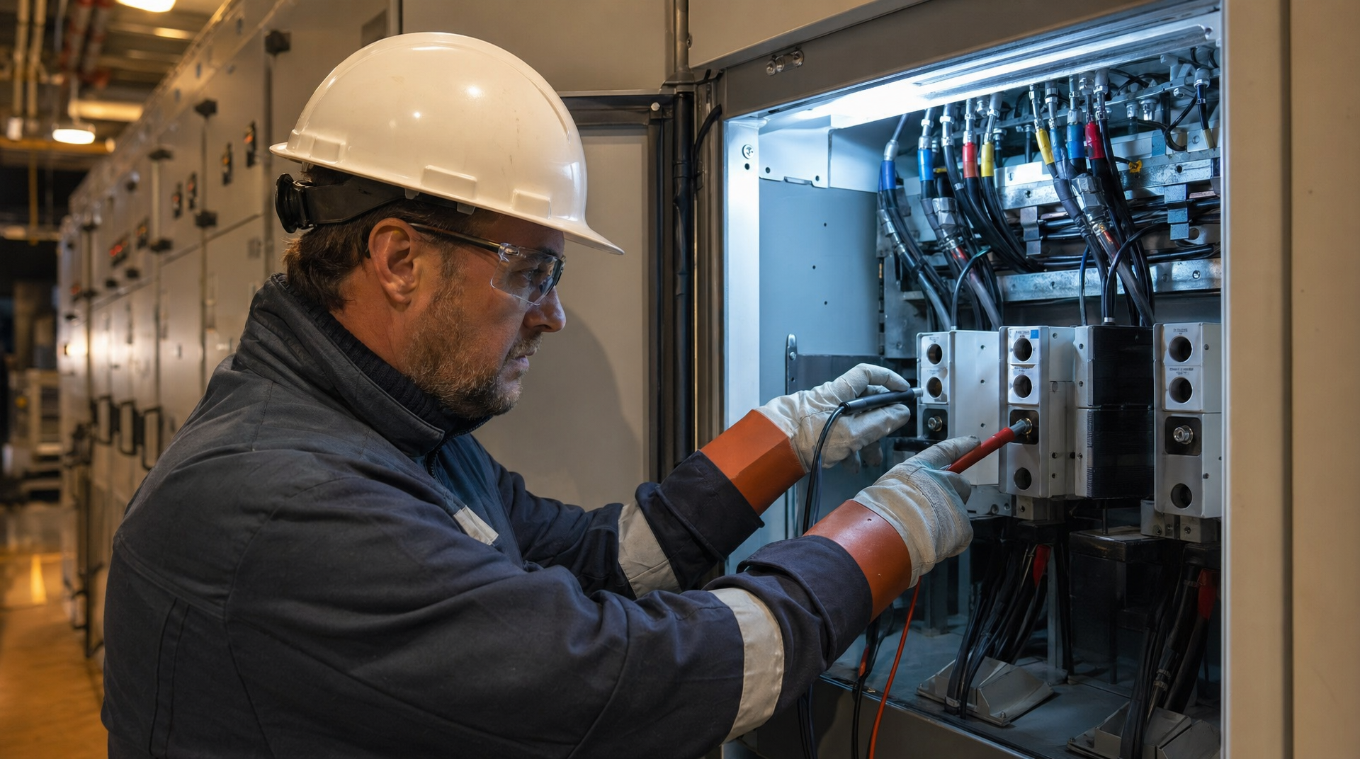Engineer inspecting high-voltage electrical panel and wiring switchgear