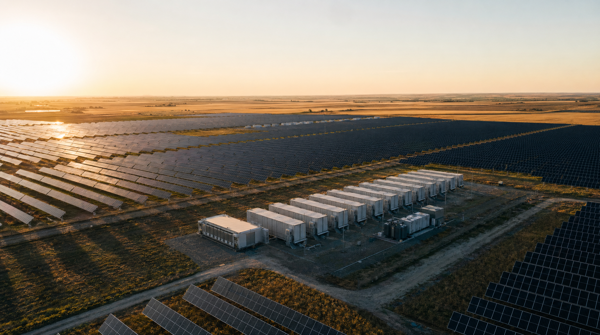 Utility-scale solar PV array integrated with BESS containers at golden hour