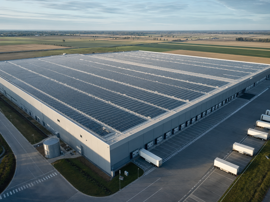 Industrial rooftop solar array on large factory building